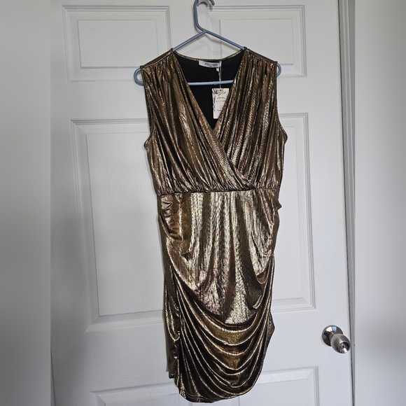 Gold Metallic  Ruched Bodycon Dress - Picture 2 of 6